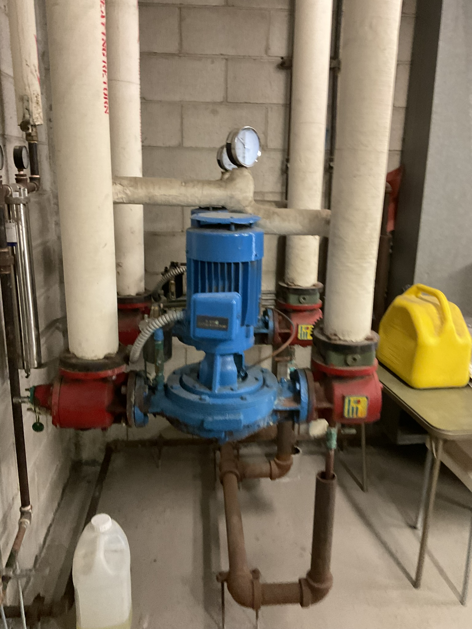Blue circulation pump with insulated piping and red grooved couplings