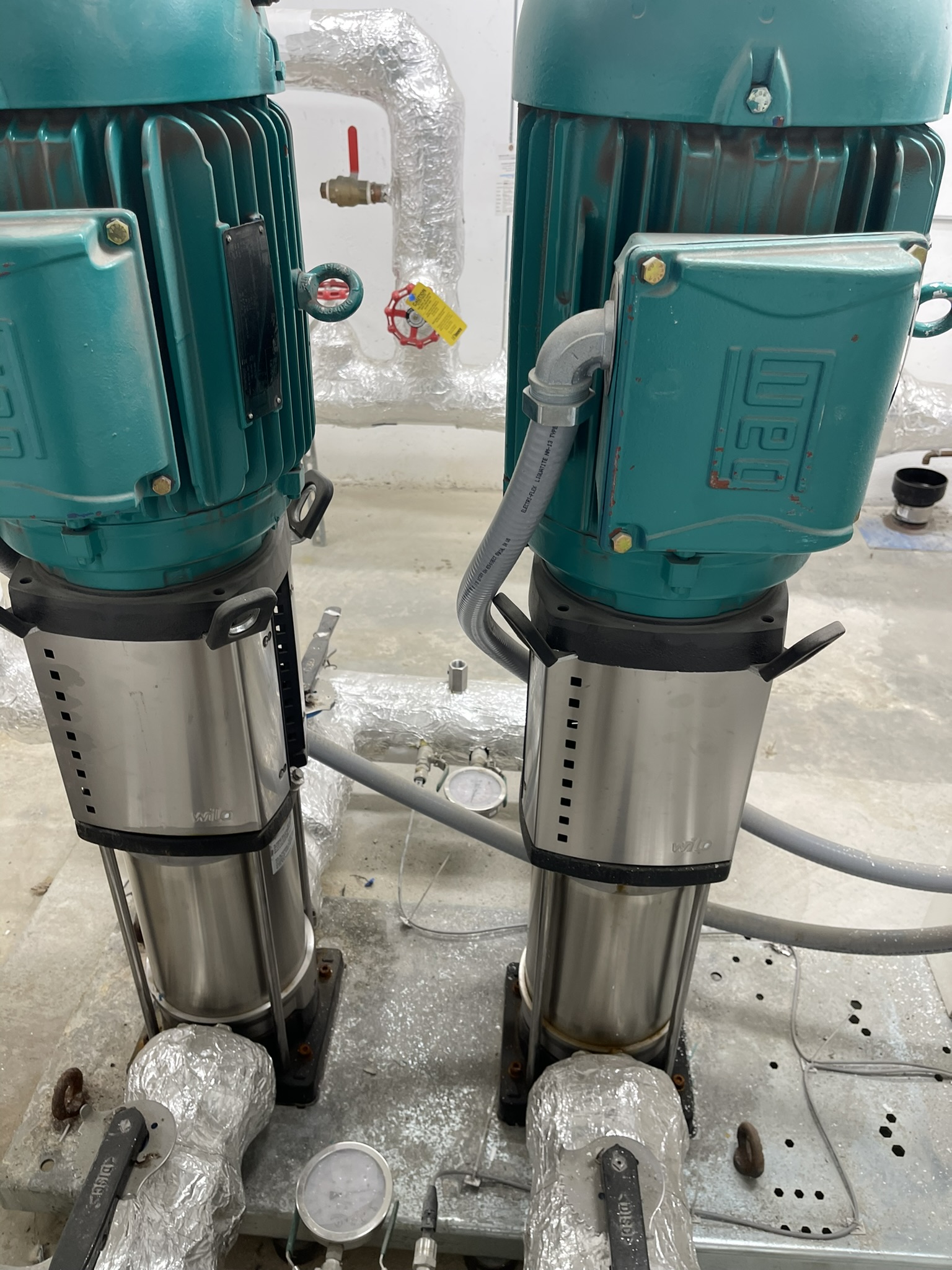 Twin vertical multistage pumps with teal-green motors